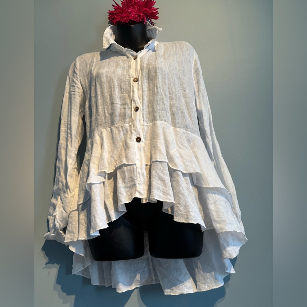 White Ruffled High-Low Button Down Shirt - Picture 4 of 9
